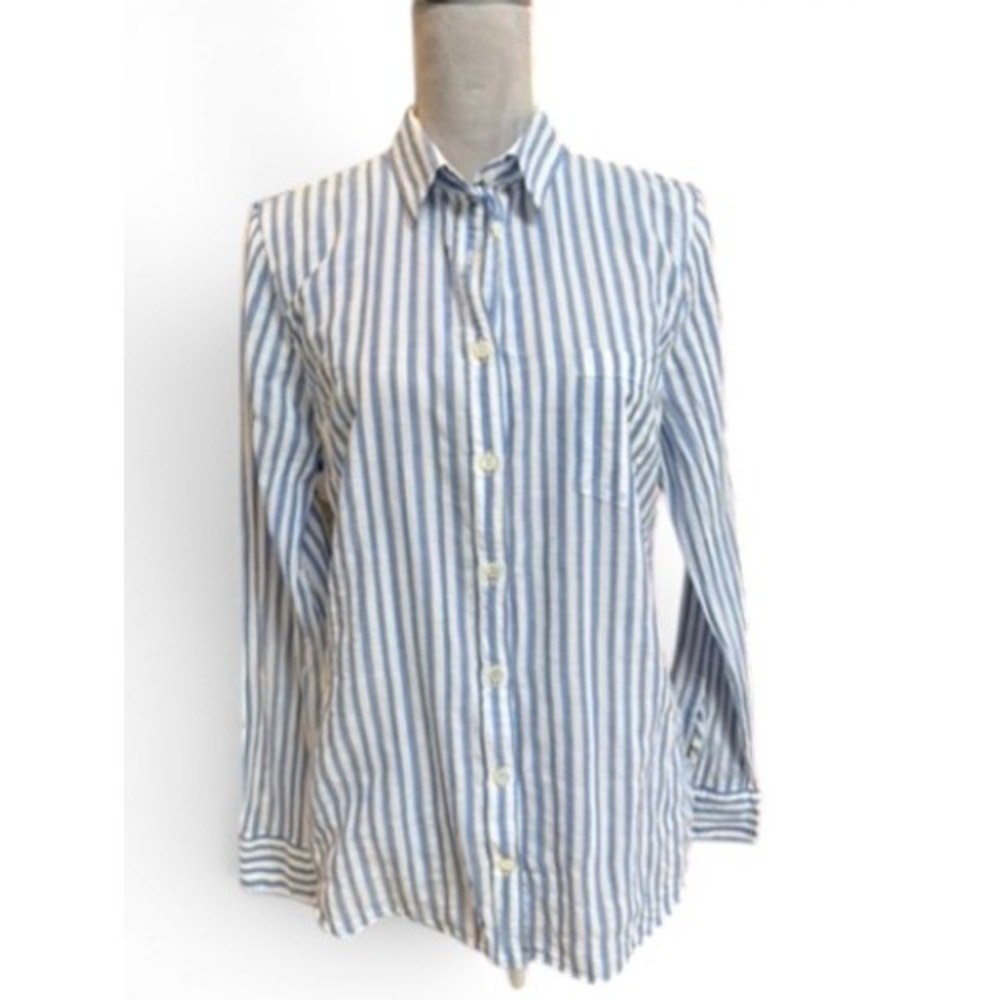 J. Crew Button Down Women 12 Blue Boy Fit Striped Cotton Blend A5401 Long Sleeve - Picture 2 of 9